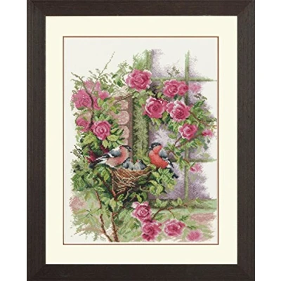 Image of Lanarte Counted Cross Stitch Kit: Nesting Birds in Rambler Rose, NA, 29 x 39cm