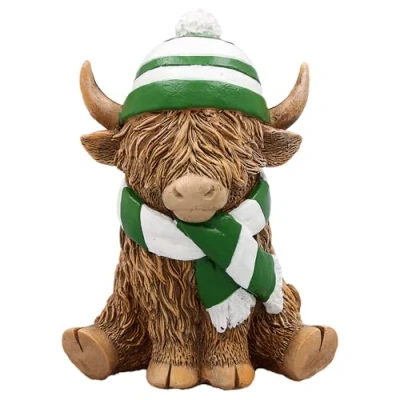 Image of Happy Highland Cow Ornament Green &amp; White Football Scarf Hat, Perfect for Celtic F.C. Connacht Rugby Fans, Durable Resin with Protective Base, 12cm Gift Ready Figurine