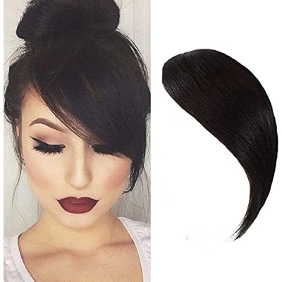Image of Air Side Bangs Clip in Human Hair Straight on Bang Fringe Real Extensions(Natural Black)
