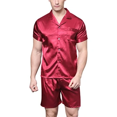 Image of Men&#039;s Short Sleeve Satin Pyjama Set with Shorts (Burgundy, Medium)