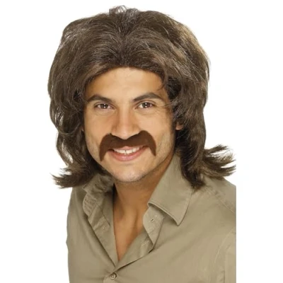 Image of Smiffys 70s Retro Wig, Brown Fringed, 1970&#039;s Disco Fancy Dress, 1970s Dress Up Wigs