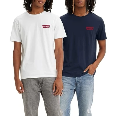 Image of Levi&#039;s Men&#039;s 2 Pack Crewneck Graphic Tee T Shirt, Chesthit White / Dress Blues, XXL