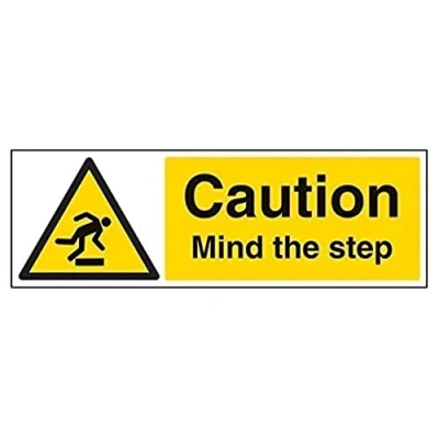 Image of V Safety Caution Mind The Step Warning Sign 450mm x 150mm Self Adhesive Vinyl