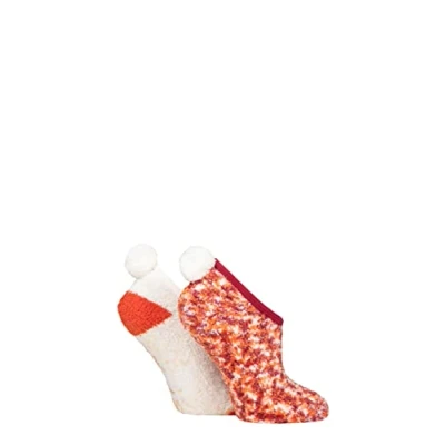 Image of Elle Women&#039;s Cosy Slipper Socks Mary Jane, Pom Poms, Anti Slip Grips, Warm,Winter, Colourful, Bright, Size 4 8 Multipack of 2 Rust