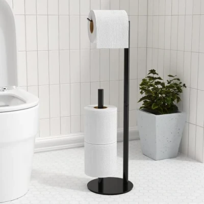 Image of Black Toilet Paper Holder Stand,Free Standing Storage,Stainless Steel Tissue Roll Storage Shelf and Dispenser Holds 3 Rolls,Bathroom Accessories