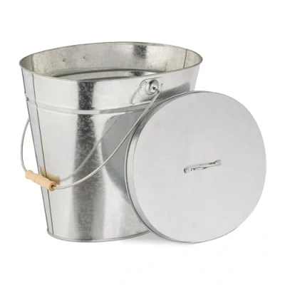 Image of Relaxdays Bucket, with Lid, 22 L, Bin, Wooden Handle, for Coal &amp; Ash, Fireplace, Stove, Galvanised Steel, Silver, 39 x 40 31.5 cm
