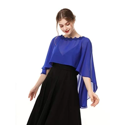 Image of Hotshawl Capelets for women Chiffon Cape Shawls and Wraps Evening Dress Wedding Capes Cover Up, Royal Blue(lace Neck), One Size