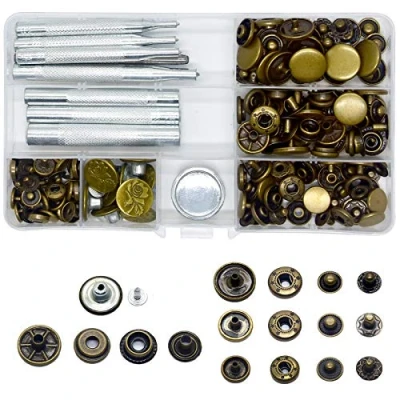 Image of Baogaier Snap Button Fasteners Kit 50 Sets Brass Tack Buttons, Jeans Press Stud Fastener 10/12/15/17mm Metal Replacement, Fixing Tools (12.5 mm) DIY Leather Craft Repair Coat Jacket Bag