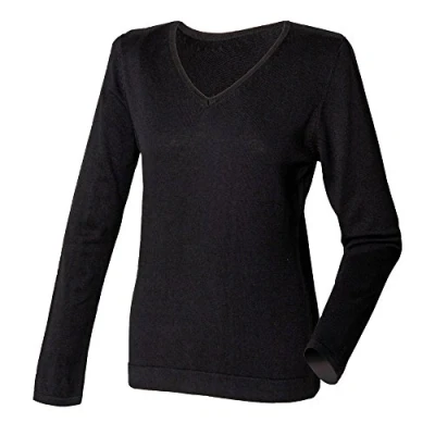 Image of Henbury Womens/Ladies 12 Gauge Fine Knit V Neck Jumper/Sweatshirt (L) (Black)