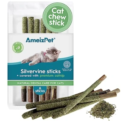 Image of AmeizPet Silvervine Sticks For Cats, Chew Covered With Catnip Dust Natural Matatabi Cat Dental Care, Teeth Cleaning Sticks, 6 Pcs