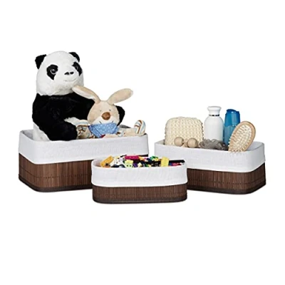 Image of Relaxdays Bamboo Bathroom Baskets, HxWxD13 x 30 20 cm, Set of 3 Shelf Bins with Cloth Insert, Brown