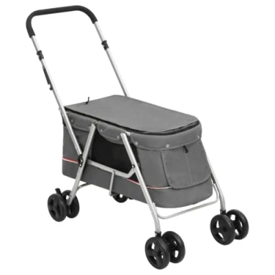 Image of vidaXL Portable Folding Dog Stroller Comfortable, Foldable, Breathable Mesh, 300D Linen Fabric, Steel Structure, Rotating Wheels, Grey, Maximum Load 15 kg