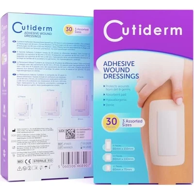 Image of Pack of 30 Cutiderm Assorted Adhesive Sterile Wound Dressings Suitable for cuts and grazes, Diabetic Leg ulcers, venous Small Pressure sores