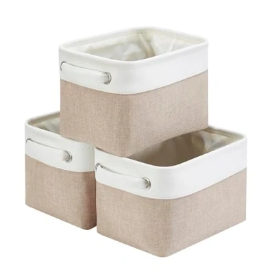 Image of Mangata Small Canvas Storage Box, Fabric Basket with Handles for Cupboards, Shelves, Clothes, Toys (3 Pack, Foldable, Light Khaki White)