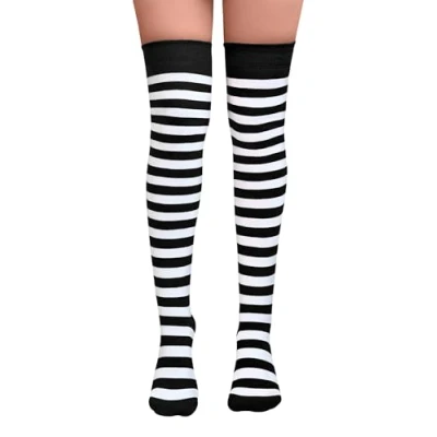 Image of NuJake Black &amp; White Striped Over The Knee Socks Fancy Dress Cosplay Teens UK Size 4 5.5 (Cotton Blend, White)