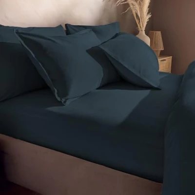 Image of Silentnight Washed Cotton Rich Fitted Sheet Soft Stylish Linen Look Comfortable Bottom Deep Fit with Elasticated Corners Breathable Fabric Machine Washable, Double Mattress, Navy Indigo