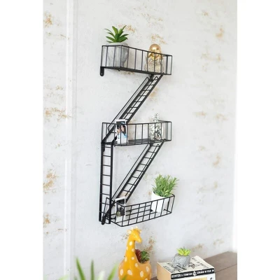 Image of HomeZone® Novelty New York City Fire Escape Floating Bathroom Shelves Wall Shelving Unit Modern Black Display Bedroom Unique Home Decor Hanging Shelf Ladder