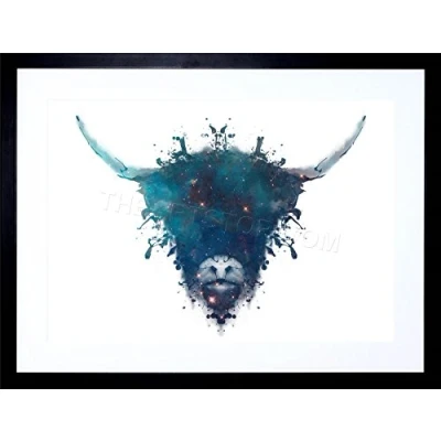 Image of Wee Blue Coo Graphic Ink Splat Highland Cow Framed Picture Art Wall Print