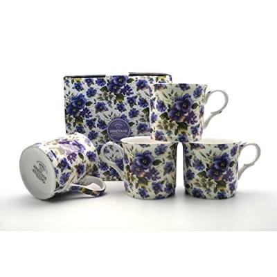 Image of FINE Bone China Set of 4 Mugs Gift Boxed Summer Pansy Free UK DELIVERY