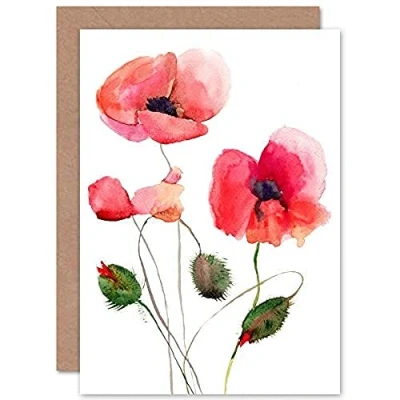 Image of Wee Blue Coo Flower Poppies Watercolour Greeting Card With Envelope Inside Premium Quality