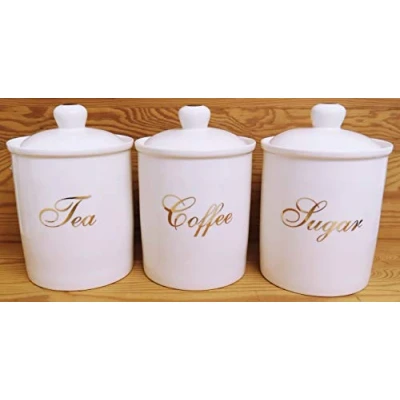 Image of White &amp; Gold Tea Coffee Sugar Canisters Fine Bone China Storage Jars Set Hand Decorated in UK