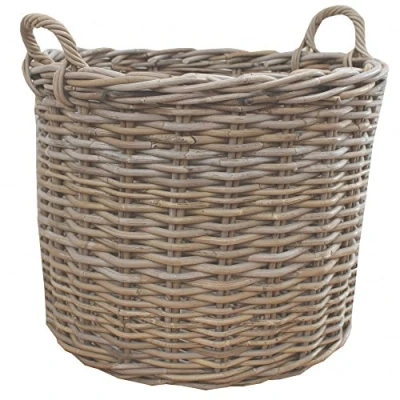 Image of Grey &amp; Buff Rattan Round Wicker Log Storage Basket Large