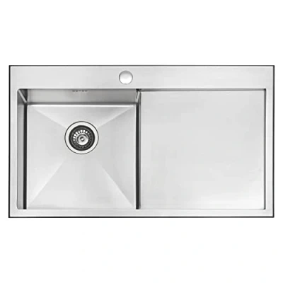 Image of JASSFERRY Brilliant Kitchen Sink Inset 1.2 mm Thickness Stainless Steel Single Large Bowl Righthand Drainer Square Strainer Plug Waste Pipe Kit