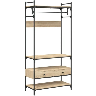 Image of vidaXL Sonoma Oak Wardrobe Compact Clothes Storage with Drawers, Shelves &amp; Hanging Rob Engineered Wood Metal Closet Organizer for Bedroom