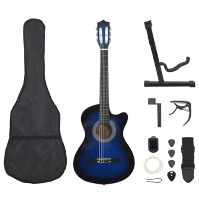 Image of vidaXL Western Classical Guitar Set 38&quot; Blue Basswood Instrument with Nylon Strings, Bag, Strap, and Accessories Ideal for Beginners Musicians