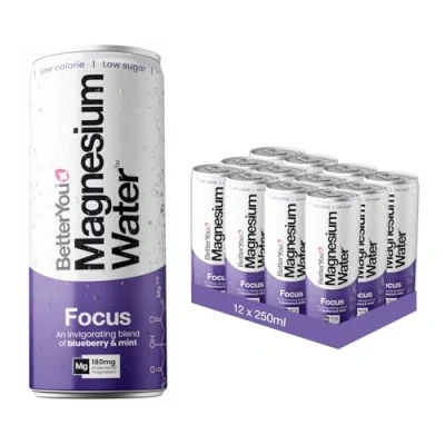Image of BetterYou Magnesium Mineral Water, Focus, Glycinate Blend with Caffeine and B Vitamins, Elevate Alertness Mental Clarity, Blueberry Mint Infusion for Refreshing Pack of 12, 250 ml