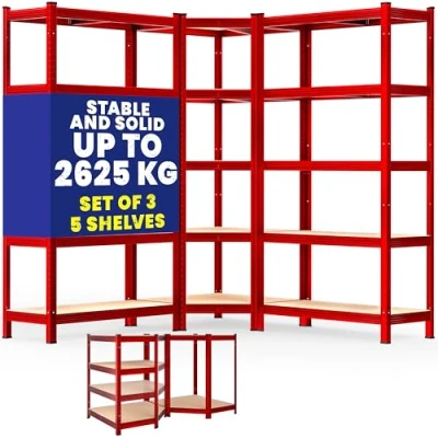 Image of Monzana® Heavy Duty Corner Shelving Unit Set of 3 15 MDF Panels Garage Basement Racking Storage Workshop Shelves 2x 180x90x40cm 1x 180x70x40cm 2625KG Load Capacity Red