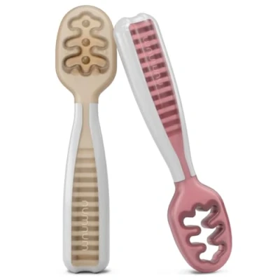 Image of NumNum Baby Spoons Set, Pre Spoon GOOtensils for Kids Aged 6+ Months First Stage, Led Weaning (BLW) Teething Self Feeding, Silicone Toddler Food Utensils 2 Spoons, Beige/Mauve