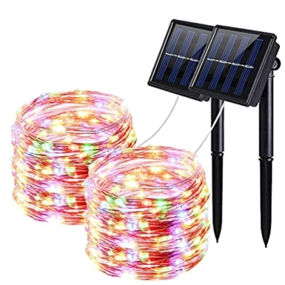Image of QSPORTPEAK Solar String Lights Outdoor Waterproof, 2 Pack 100 LED Garden Lights, Copper Wire with 8 Mode 12M/33Ft, Powered Patio for Christmas Tree Xmas Parties Wedding