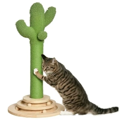 Image of PawHut Cat Tree Cactus Sisal Scratching Post for Indoor Cats Play Tower Kitten Furniture with Hanging Ball Interactive Fun Roller Exerciser 32 x 60cm