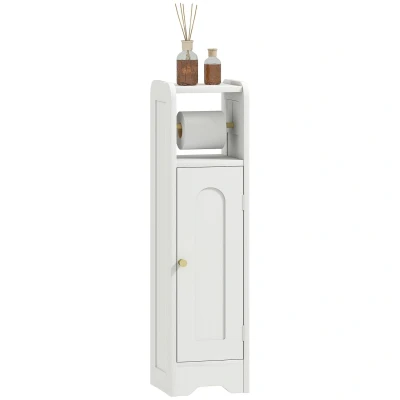 Image of HOMCOM Small Bathroom Storage Cabinet, Freestanding Toilet Roll Holder, Slim Cabinet with Adjustable Shelf for Spaces, White