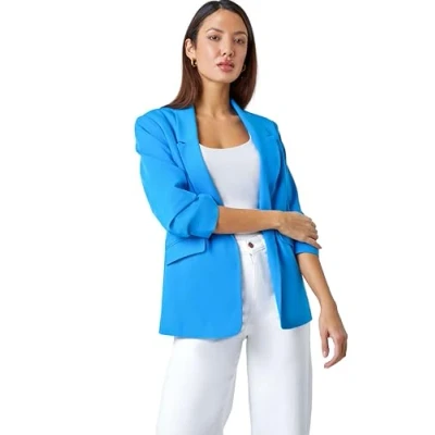 Image of Roman Originals Ruched Sleeve Stretch Blazer for Women UK Ladies Everyday Holiday Spring Summer Edge to Opening Comfy Soft Evening Vacation Work Party Blue Size 12