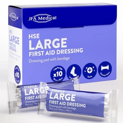 Image of JFA Medical HSE Large Sterile First Aid Dressing Bandage with Pad 18 x 18cm Pack of 10 Bandages