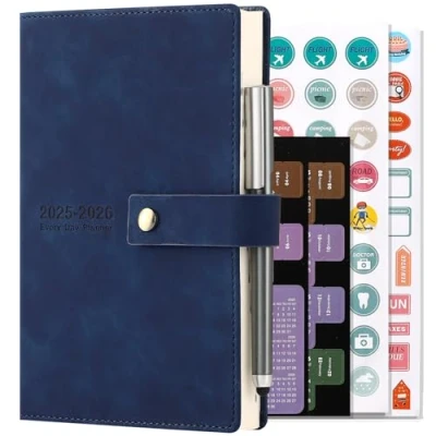 Image of Academic Diary 2025 2026, Daily Planner,A5 Day Per Page,Daily from Jul Jun 2026,Hard Cover Organisers Journals with Pen,Bookmark,Monthly Tabs,Stickers and Inner Pocket 14.5x21.5cm (Blue)