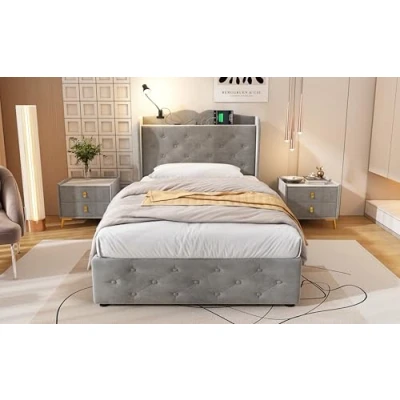 Image of 3FT Upholstered Bed Single 90x190cm Velvet Frame with Storage &amp; USB Type A/Type C, 4 Drawers, Adjustable Lamp, Sturdy Metal Frame, Ideal for Teens Adults in Grey Without Matress