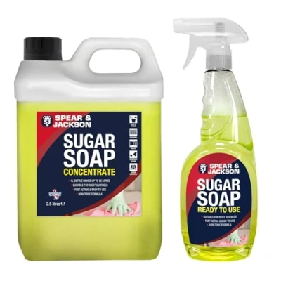 Image of Spear &amp; Jackson Sugar Soap Concentrate 2.5L + 750ml Ready to use spray, Walls, Grease, Grime, Dirt and Stain Remover, Kitchen Degreaser, Versatile Cleaner