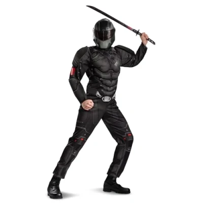 Image of Disguise 104629D Snake Eyes Adult, Official Mens Gi Joe Costume Jumpsuit with Muscles and Mask Sized, Black, X Large (42 46)