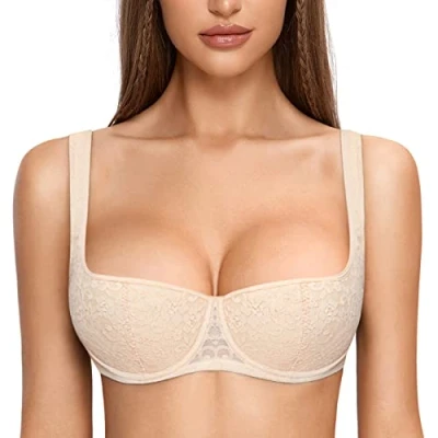 Image of DOBREVA Women&#039;s Push Up Bra Sexy Balconette Padded Half Cup Lace Underwired Beige (Cup Size is Small. Order 1 up.) 42C