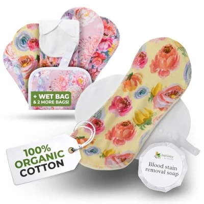 Image of EcoComfort Organic Cotton Reusable Sanitary Pads for Light Flow (S+M,6 Pack); High Temp Washable Period Women &amp; Teens; Non Irritating Towels,Soft Cloth Comfortable Care