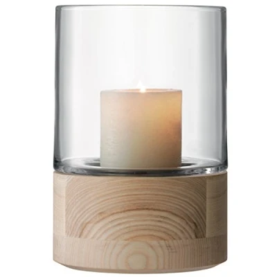 Image of LSA Lotta Lantern Clear &amp; Ash Base H22.5cm 1 Unit Mouthblown Handmade Glass Hand Planed Wood LW24