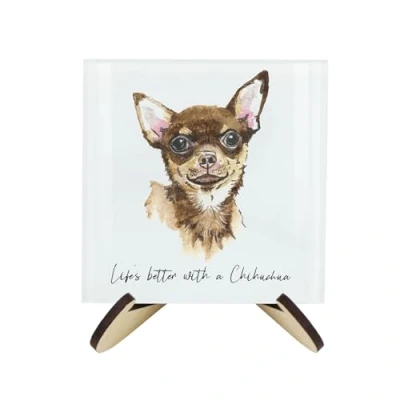 Image of Chihuahua Coaster Set Life&#039;s Better With a Dog Gift Square Glass of Four (4) Coasters &amp; Wood Effect Stand