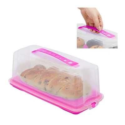 Image of Relaxdays Cake Carrier, Rectangular with Handle and Lid, Transport Container, HxWxD: 15 x 37 16 cm, Pink/Clear