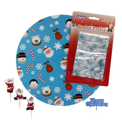 Image of Culpitt Santa Christmas Cake Kit, 10&quot; Festive Board, Silver Frill, and Toppers Including Tumbling Santas Merry Plaque 6 Piece Set