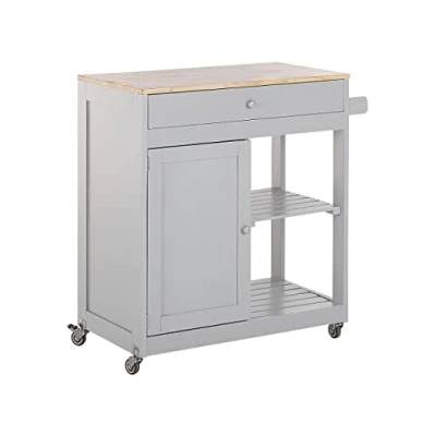 Image of Beliani Mobile Wooden Kitchen Trolley Prep Cart with Cabinet and 2 Shelves Grey Trapani