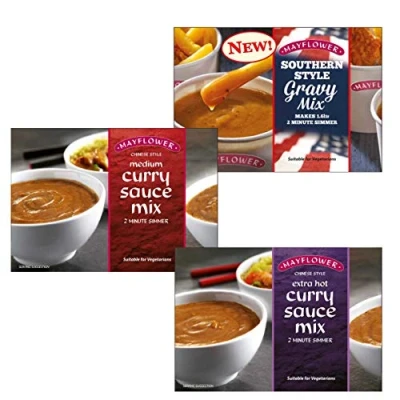 Image of Mayflower Sauce Mix Pack of 3 Chinese Style Curry Medium 255g, Extra Hot Southern Gravy 255g