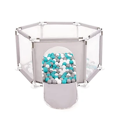 Image of Selonis Hexagon 6 Side Play Pen with 100 Balls, Grey:Grey/White/Turquoise
